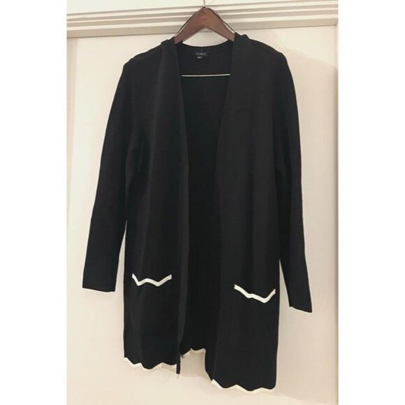 Talbots Long Black Cardigan Open Front Scalloped‎ White Trim Women Large Basic - Picture 1 of 5